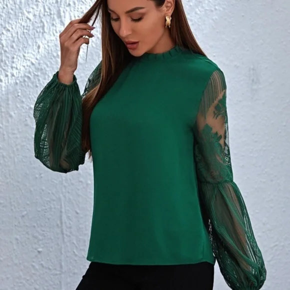 Green Floral Sheer Stripes Sleeve Minimalist Blouse - Picture 3 of 6